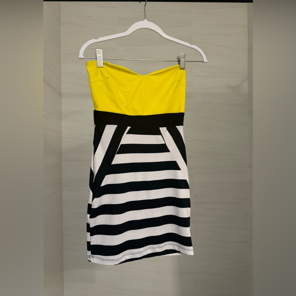Yellow with Black and White stipe mini dress